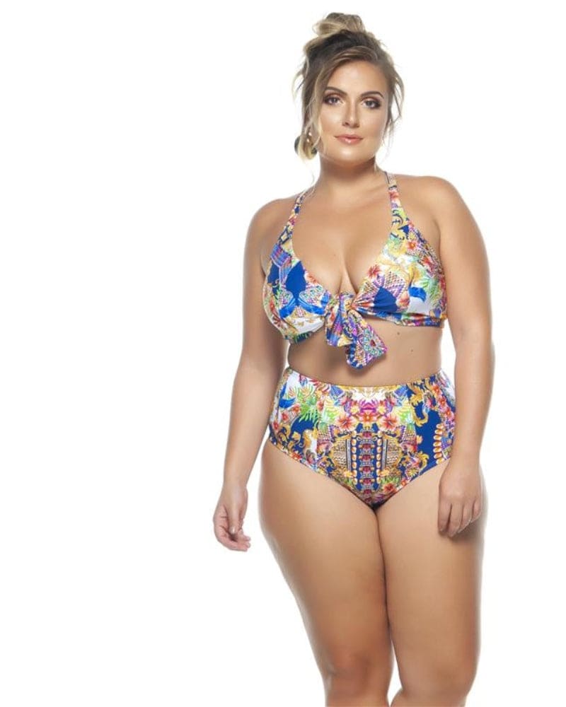 Front of a model wearing a size 26 Non Padded Tie Front Bikini Top in Indian by Lehona. | dia_product_style_image_id:267630